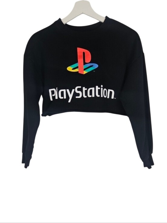 Sony Tops - PlayStation Black Cropped Sweatshirt Raw Roll Hem Sony Gamer Video Game Top S